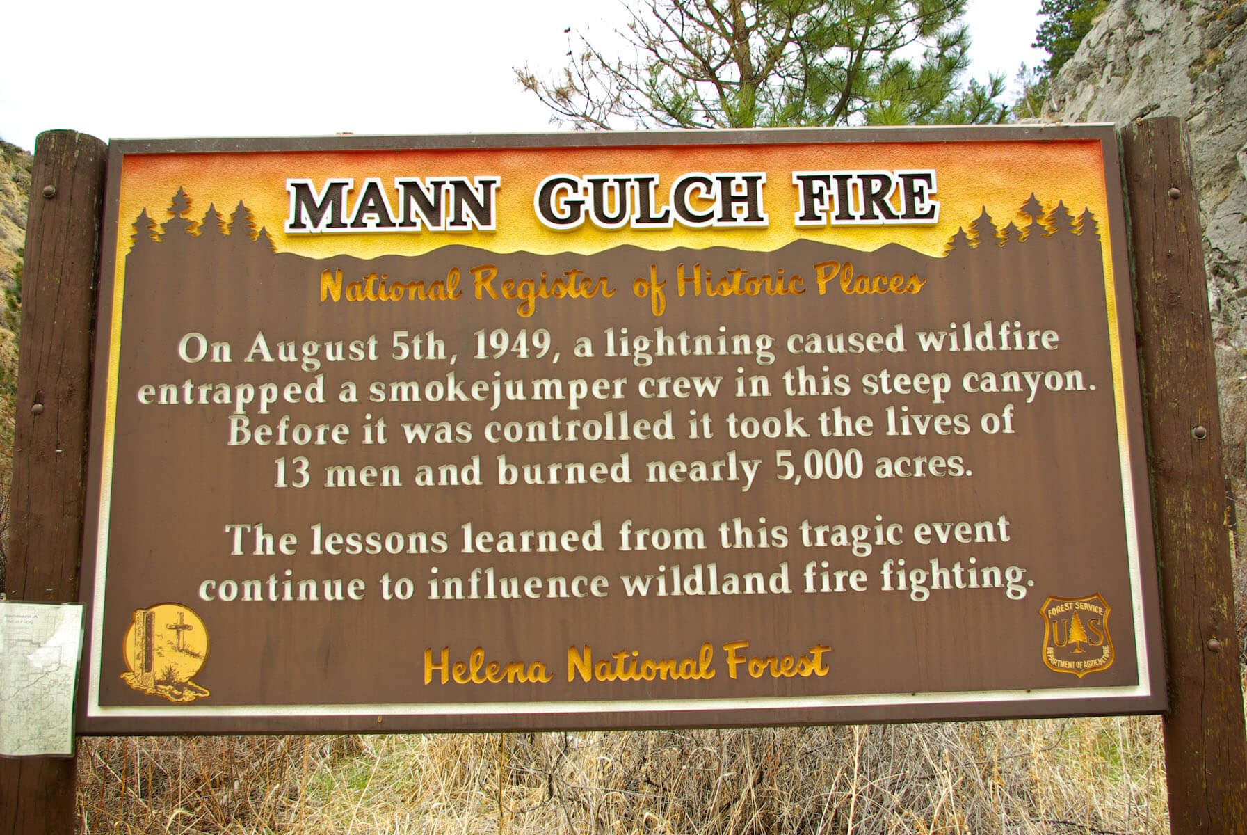 Sign at the Gates of the Mountains delineating the history of the Mann Gulch fire that took the lives of 13 smokejumpers on 5 August 1949.
