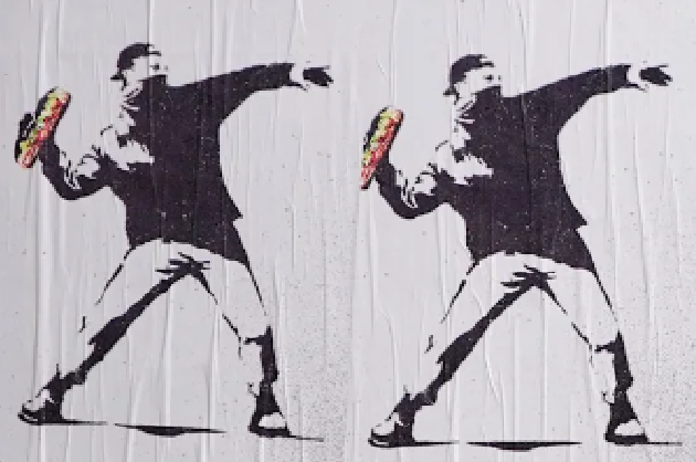 Graffiti depicting a double image of a man preparing to throw a sandwich.