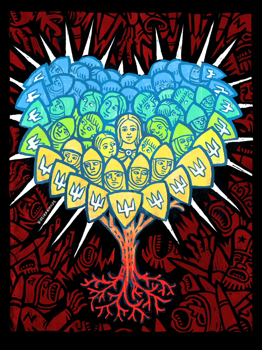 Ukrainian Independence Day painting by NEIVANMADE. The background is black with grotesque armored faces in dark blood red with Russian Z war symbols on their helmets. In the center is a tree. It's roots are red, it's trunk, which has windows is lighter at the top than the bottom. The crown of the tree is the color of the Ukrainian flag: blue at the top, yellow at the bottom. It is shaped like a heart. The outer leaves are Ukrainain Soldiers holding shields with the Tryzub on them. Spikes are protruding from the Soldiers towars the Russian grotesques. The inside of the heart are Ukrainian civilians being protected by the Ukrainian Soldiers.
