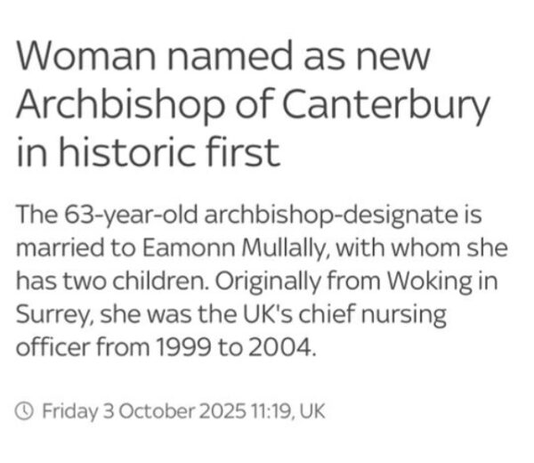 screen grab of a story on the Sky News website describing the new Archbishop of Canterbury as some guy's wife, FFS
