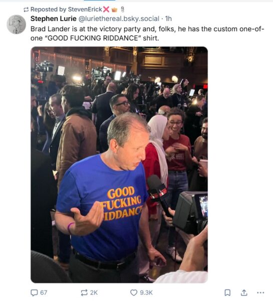 Brad Lander in Good Fucking Riddance shirt