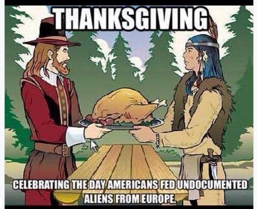 Title: Thanksgiving. Image: Picture of Native American and Pilgrim captioned,