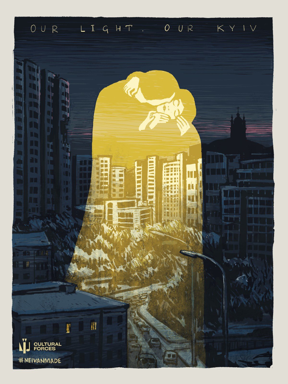 Painting by NEIVANMADE of a blacked out Kyiv. In the center, in yellow, is a couple embracing. Above the cover at the top of the painting is written "Our Light. Our Kyiv."