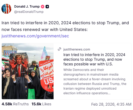clip from a bogus "news" source that alleges Iran interfered in the 2020 and 2024 elections and now faces "renewed war with United States."