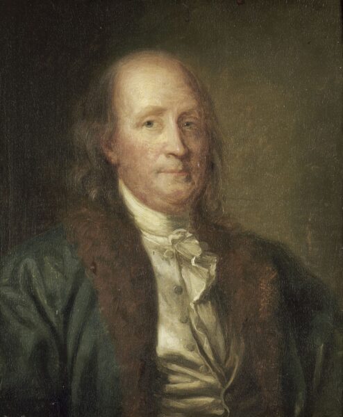 Benjamin Franklin, by George-Peter-Alexander Healy: Oil painted portrait of an elderly Benjamin Franklin a blue and buff suit with white shirt.
