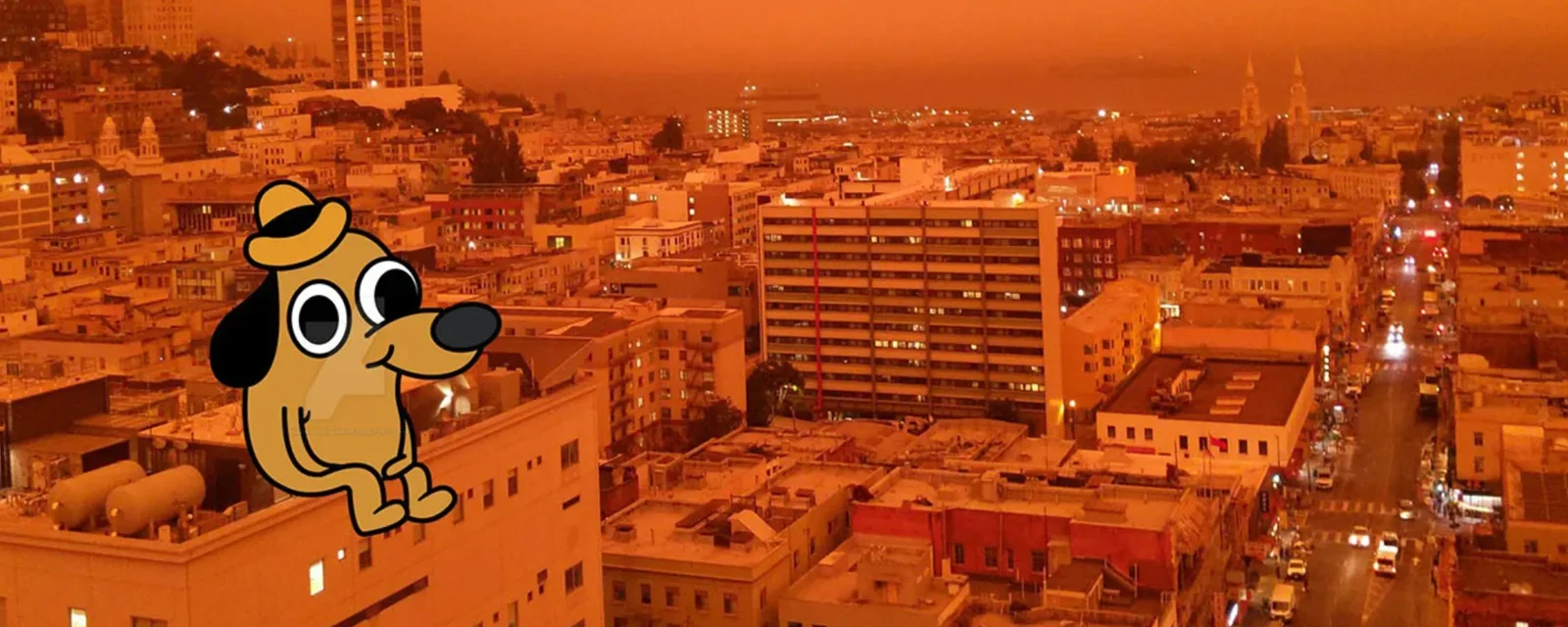 Dog from the "This is Fine" meme sitting atop a building, with an apocalyptic view of San Francisco, where the sky is a forbidding shade of orange and red. (Photo was taken during one of the horrific 2020 wildfires.)